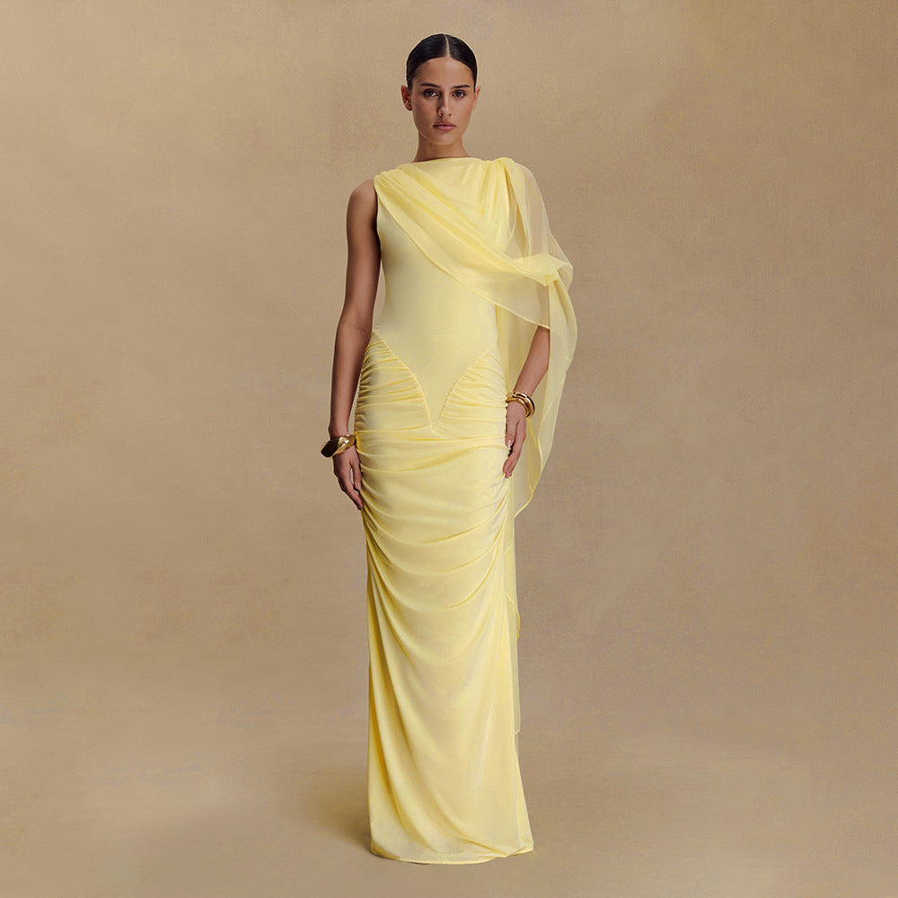 Fashionable Pleated Mesh Shawl Dress Sexy Sheath round Neck Slim Dress