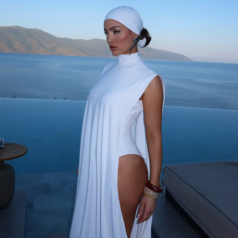 Fall Women Clothing Sexy Slim Fit Jumpsuit Turtleneck Solid Color Sleeveless Two Piece Dress