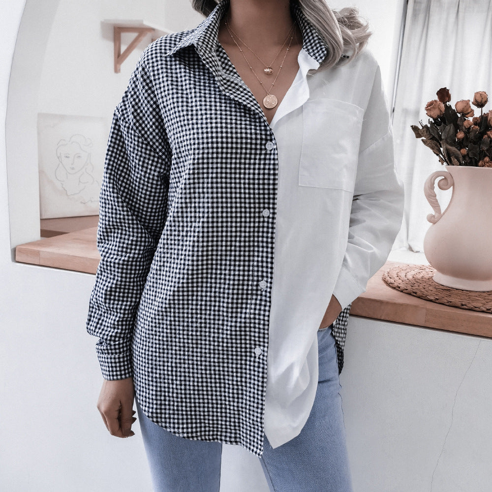 Spring Summer Casual Plaid Stitching Loose Cotton Shirt Women Clothing