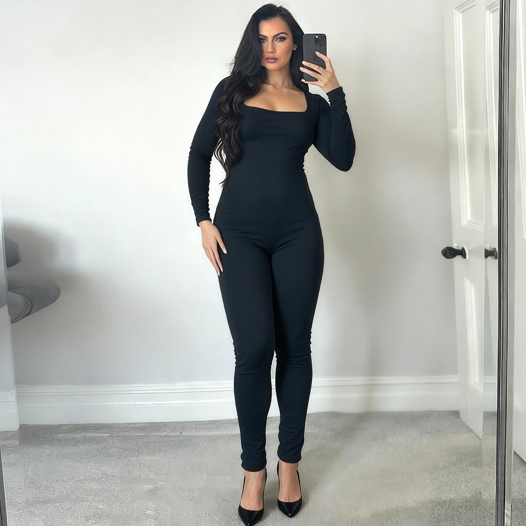 Women Clothing Autumn Winter Sexy U Collar Backless Lace up Long Sleeve Solid Color Hip Lifting Jumpsuit