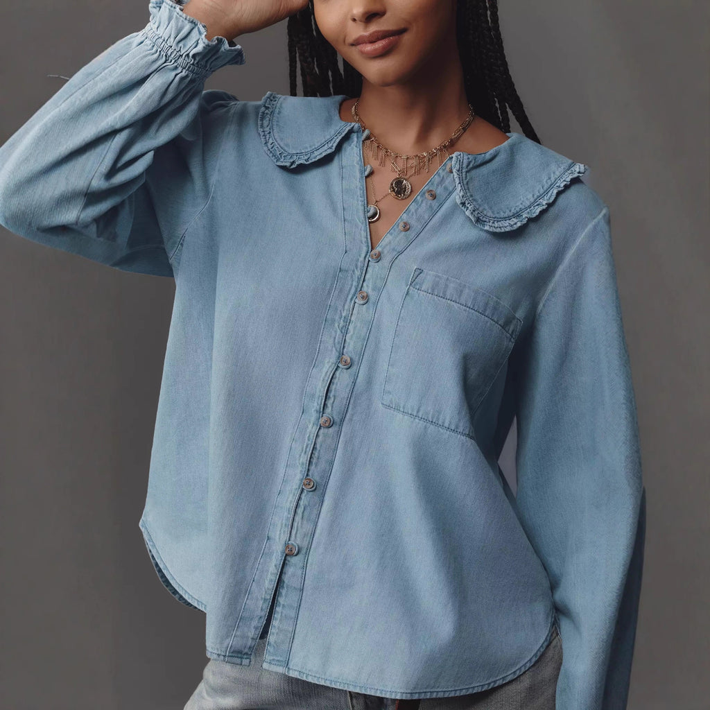 Women Spring Autumn Casual Retro Lightweight Denim Long Sleeved Shirt