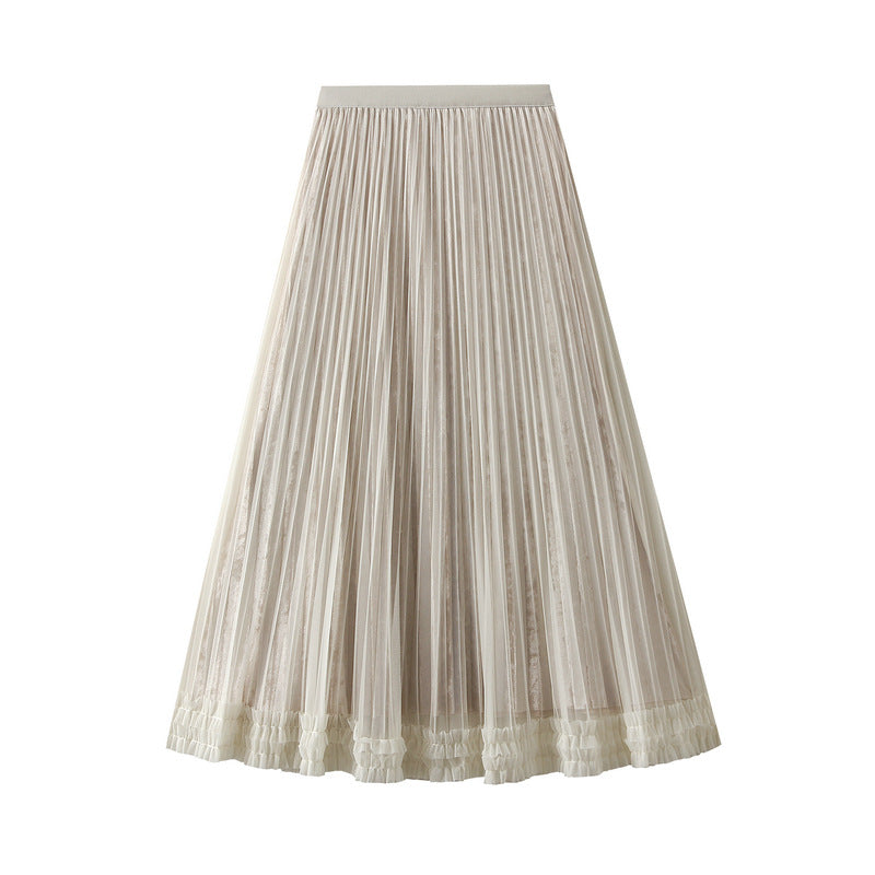Two Way Wear Mesh Skirt Women Autumn Winter Elastic High Waist Mid-Length A line Pleated Skirt