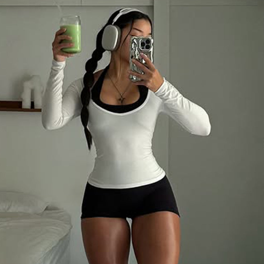 Sports Fitness Jumpsuit Blouse Long Sleeve Top Halter Romper Casual Two Piece Set Women