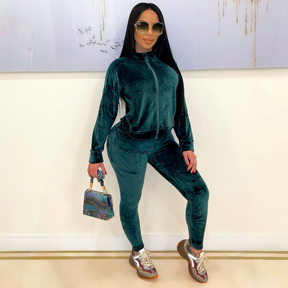 Autumn Winter Women Clothing Sports Casual Solid Color Pleuche Long Sleeve Women Pants Suit