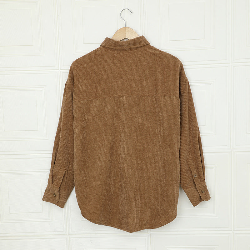 Solid Color Shirt Women Autumn Winter Breasted Collared Pocket Top Corduroy Cardigan Shirt Women