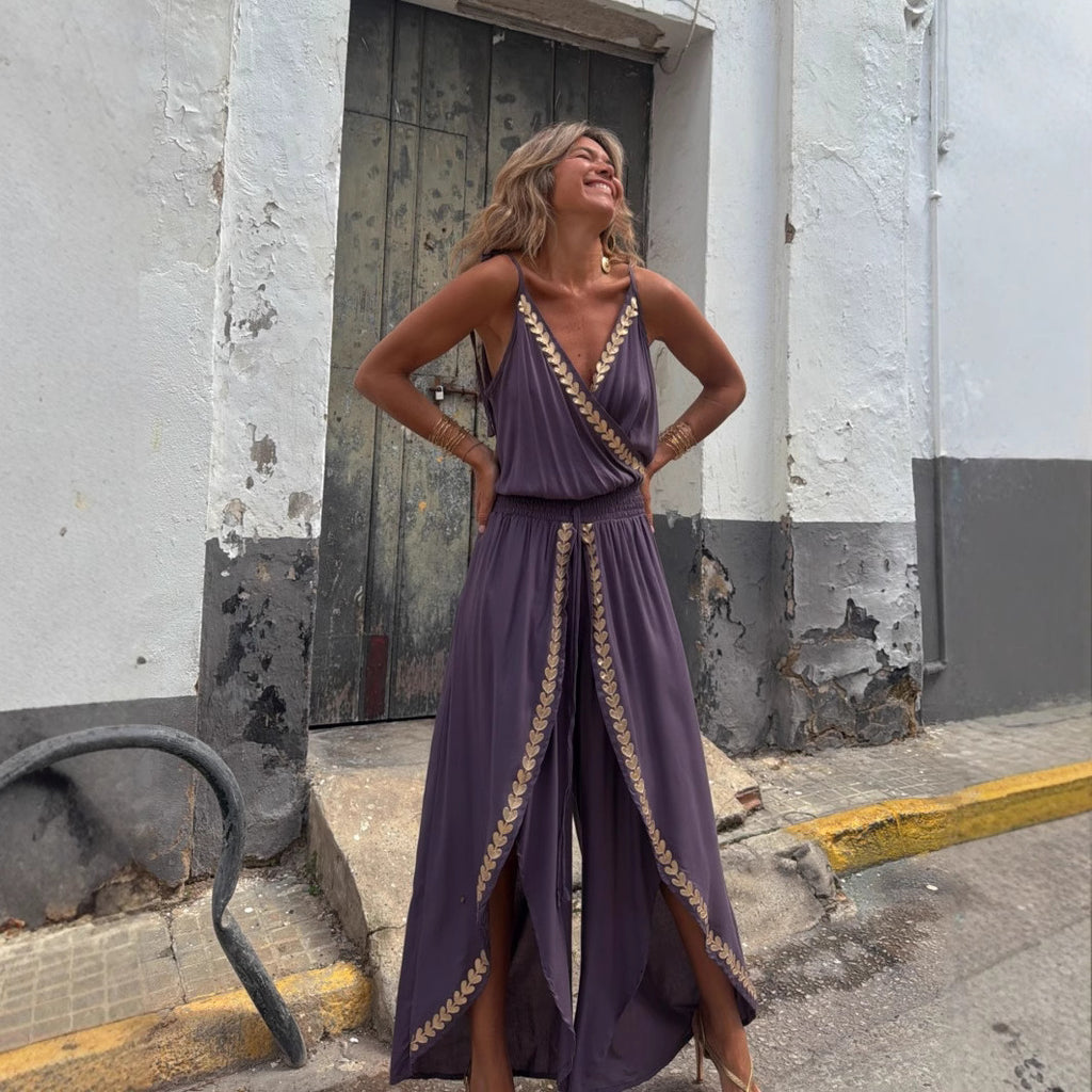 Golden Ribbon Trim Tight Waist V neck Loose Sling Jumpsuit