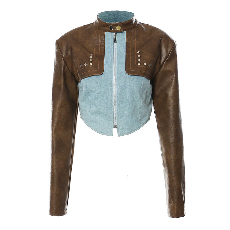 Autumn Winter Vintage Leather Color Contrast Patchwork Short Chic Coat Top Leather Jacket