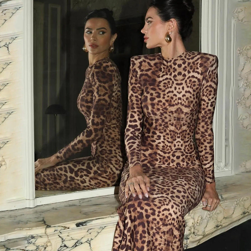 Autumn Winter Women Clothing Elegant Sexy Leopard Print round Neck Long Sleeve Slim Fit Sheath Dress Dress