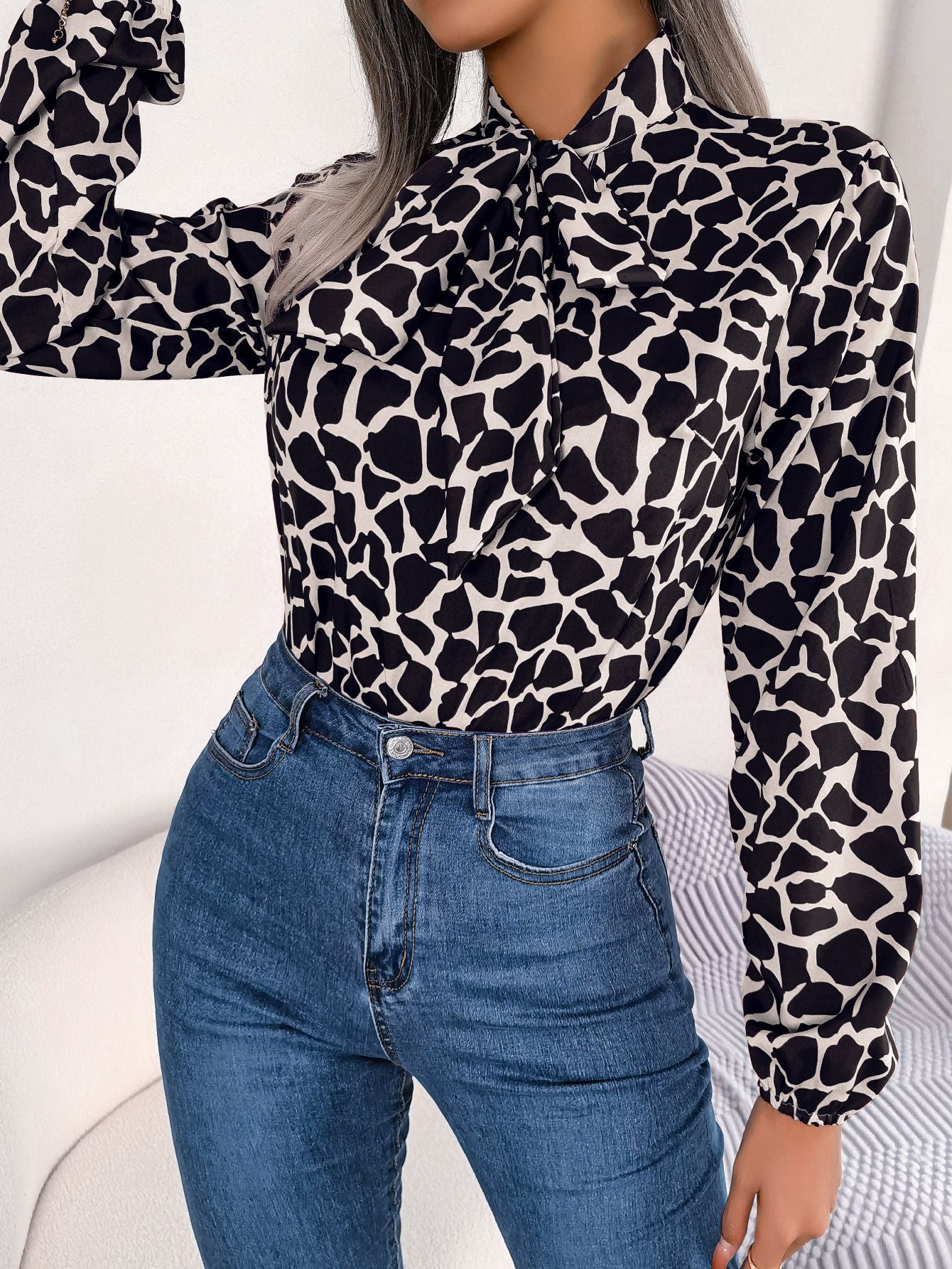 Autumn Winter Contrast Color Lace Up Lantern Sleeve Chiffon Shirt Top Women Clothing