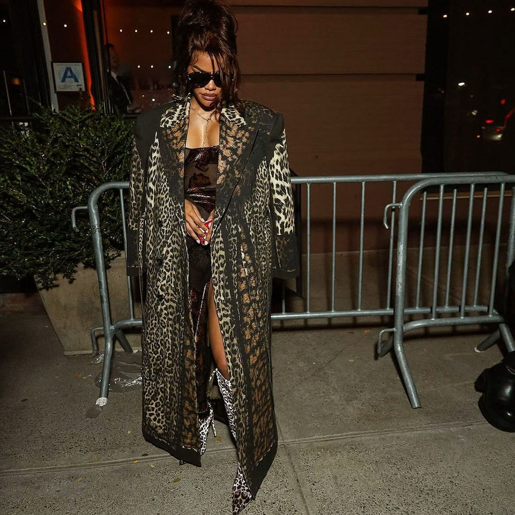 Manteau trench-coat long décontracté à imprimé léopard et col montant pour femme, idéal pour l'automne et l'hiver.