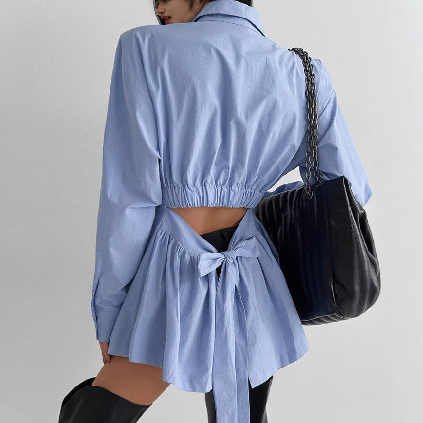 Office Cotton Shirt Long Sleeved Lace up Fashionable Top