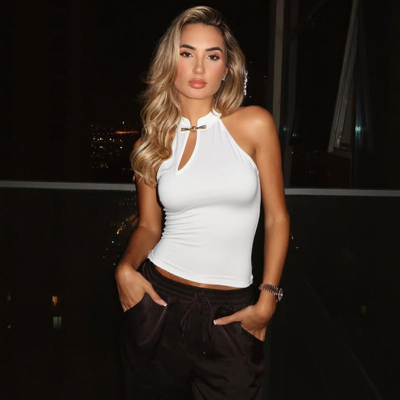 Spring Summer Women Clothing Personalized Stand Collar Open Solid Color Slim Fit Sexy Sleeveless T shirt Vest Women