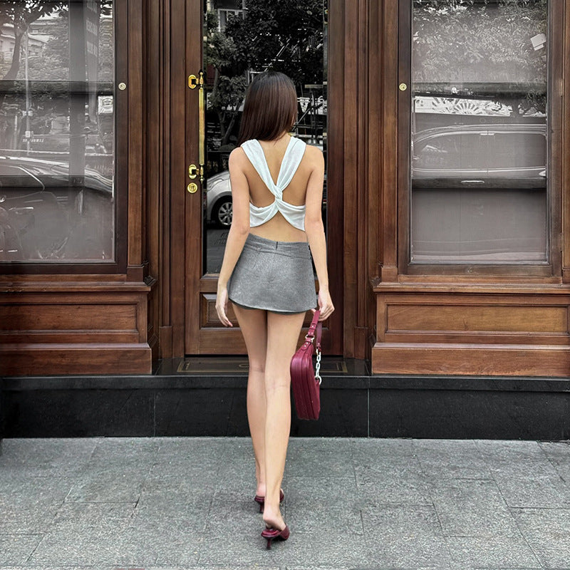 Spring Women Clothing Solid Color Sexy Pile Collar Backless Pleated Slim Vest for Women