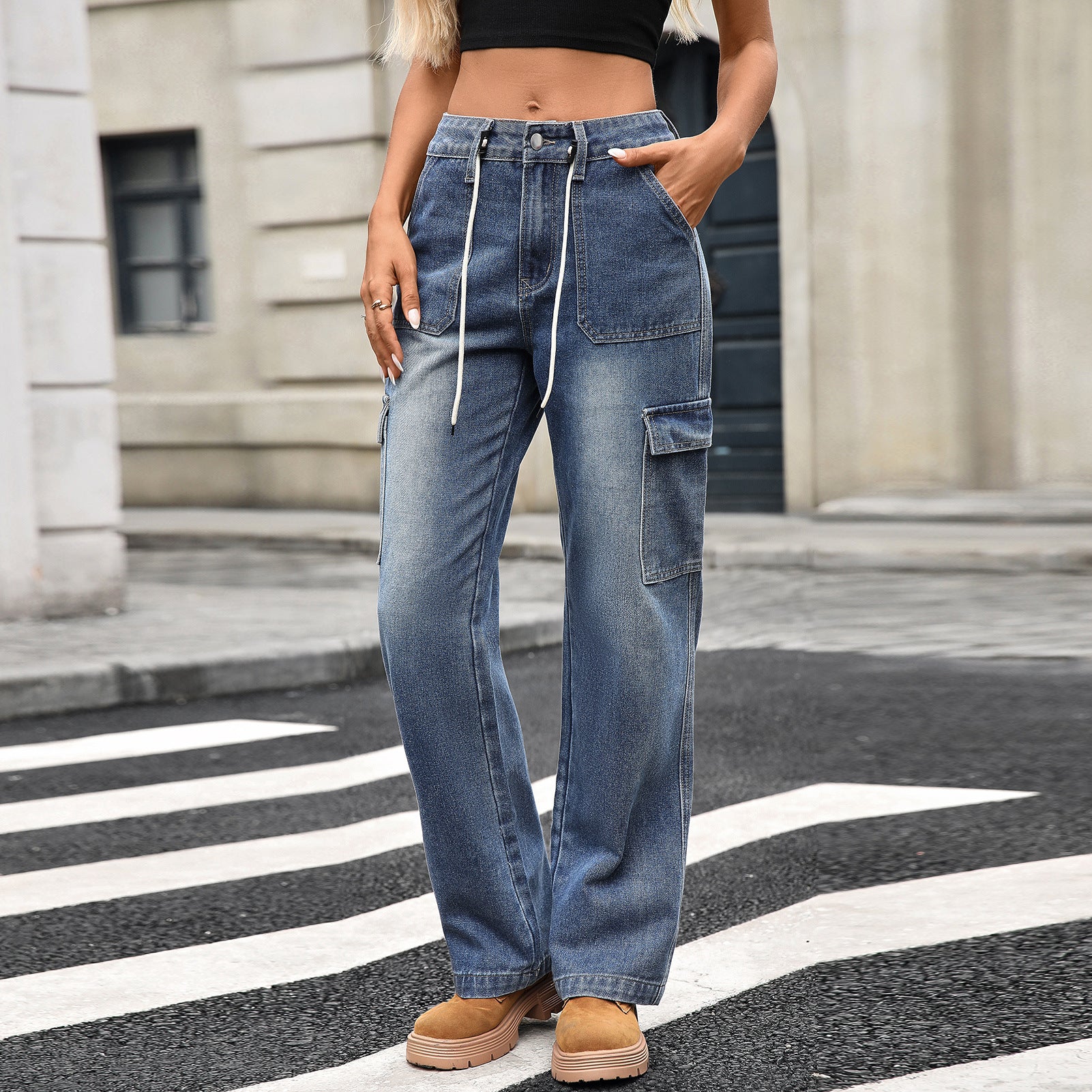 Straight Jeans Women Casual Lace up Multi Pocket Work Pants Jeans