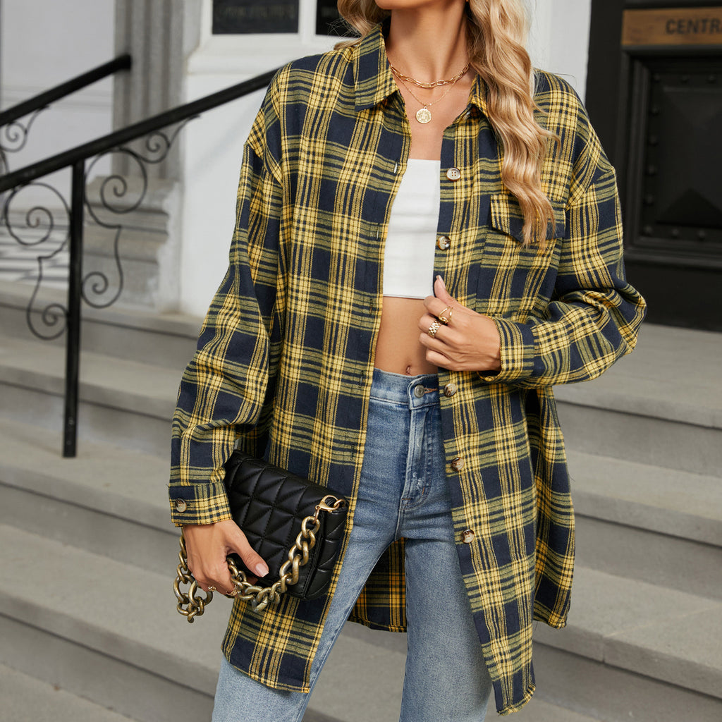 Autumn Winter Oversize Plaid Shirt Brushed Long Sleeve Shirt