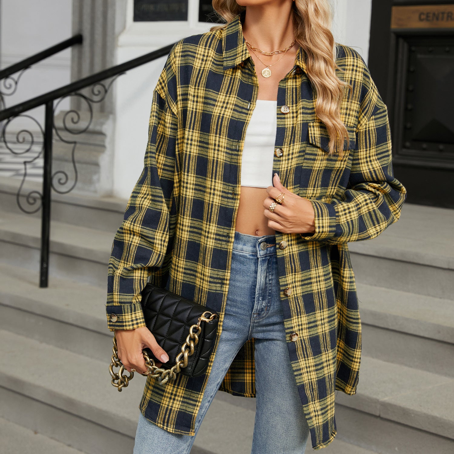 Autumn Winter Oversize Plaid Shirt Brushed Long Sleeve Shirt
