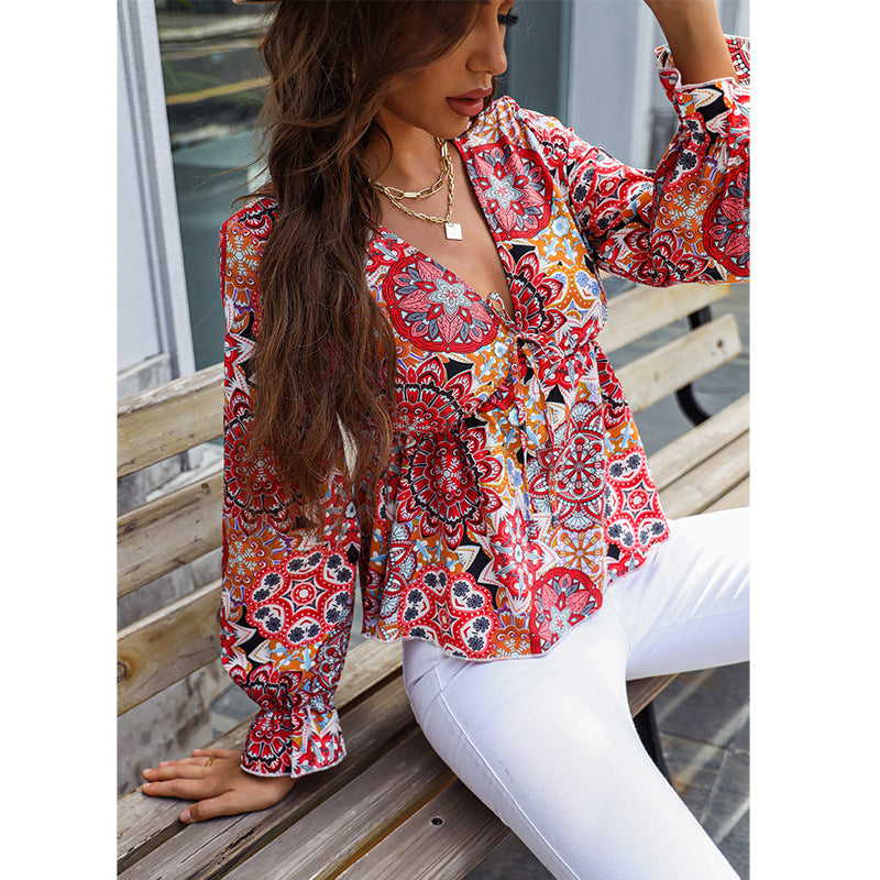 Fresh Printing V-neck Long Sleeve Babydoll Top