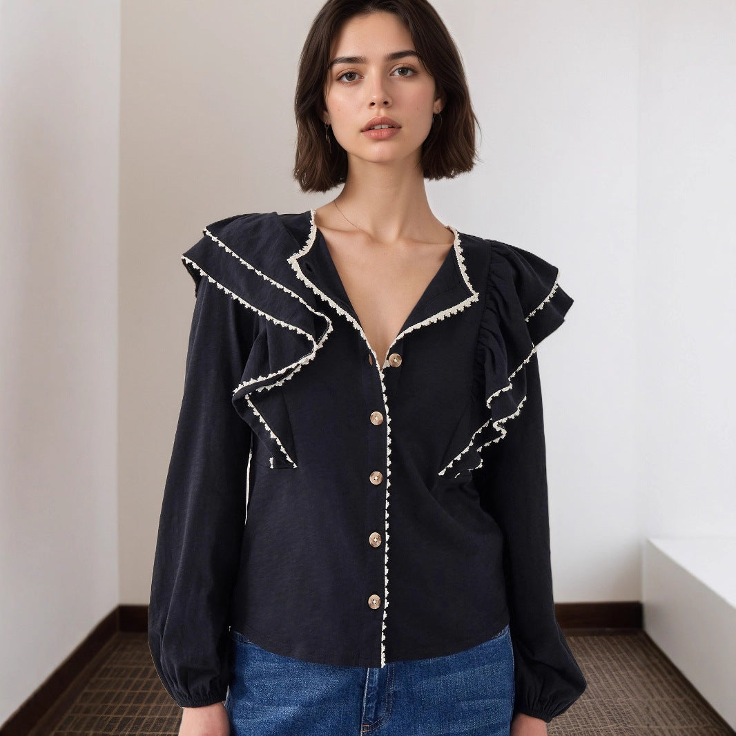 French Ruffled Long-Sleeved Shirt Women Autumn Polo Collar Single Row Multi Buckle All Matching Top