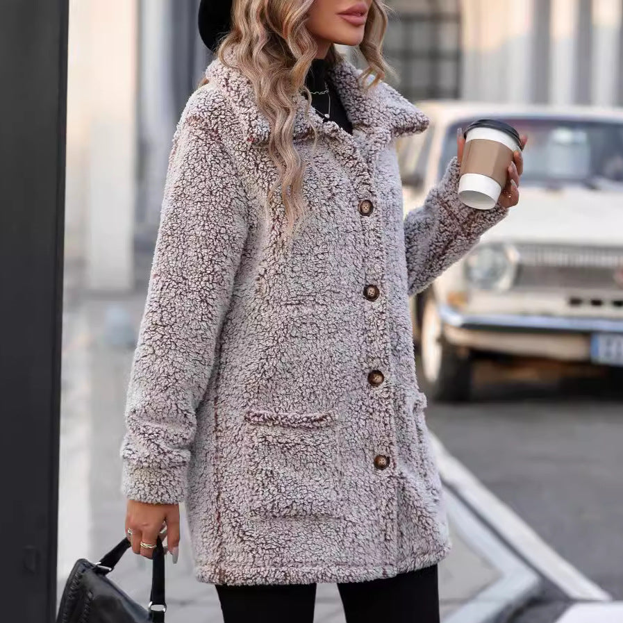 Autumn Winter Women Clothing Casual Loose Lapels Single Breasted Mid Length Cardigan Coat