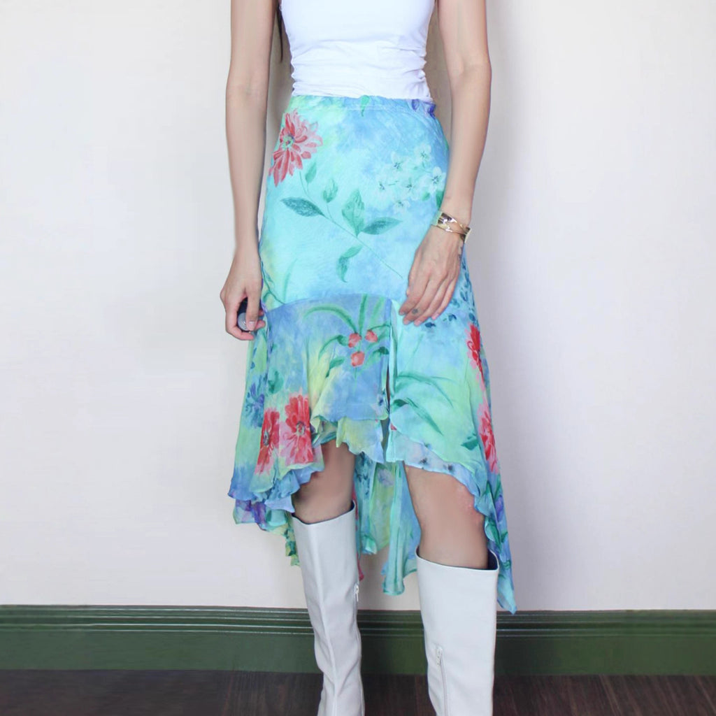 Vacation Floral Color Skirt Women Summer Irregular Asymmetric Design Oil Painting Mesh Midi Skirt