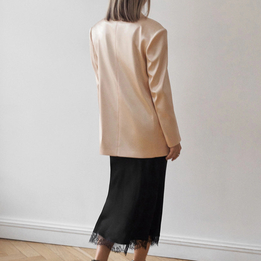 Spring Black Fishtail Skirt Lace Ruffled High Waist Skirt Satin Satin Satin