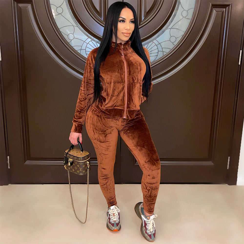 Autumn Winter Women Clothing Sports Casual Solid Color Pleuche Long Sleeve Women Pants Suit