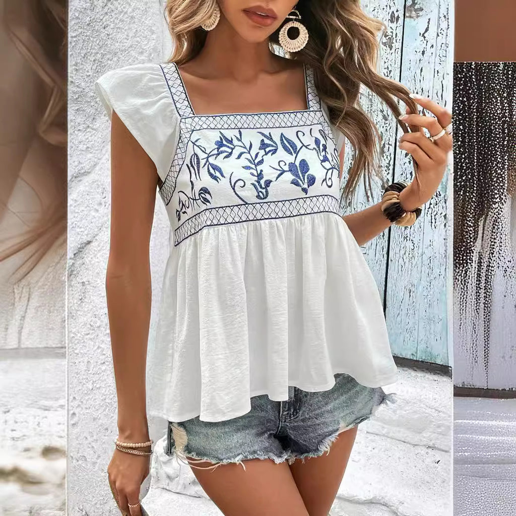 Women Clothing Summer Embroidery Tie Neck Square Collar Flying Sleeves Ruffle Top Women