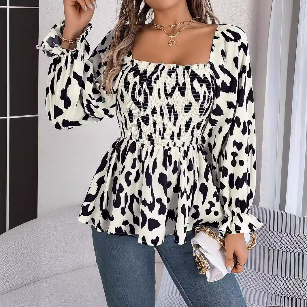 Real Shot Autumn Winter Casual Wooden Ear Square Collar Leopard Print Long Sleeve Chiffon Shirt Women Clothing