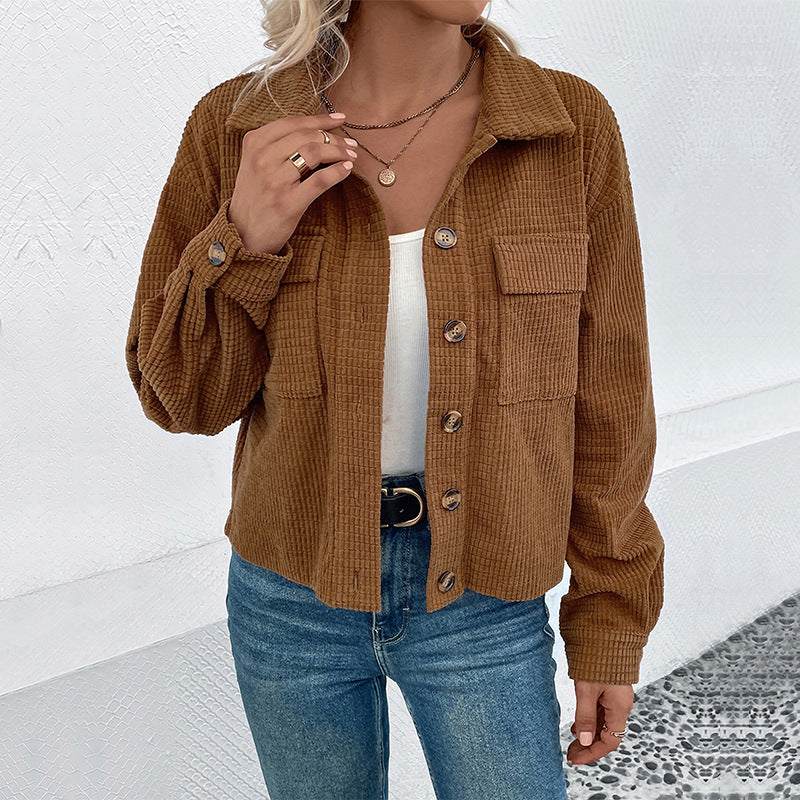 Women Clothing Autumn Winter Corduroy Jacket Vintage Brown Cardigan Pocket Coat Women