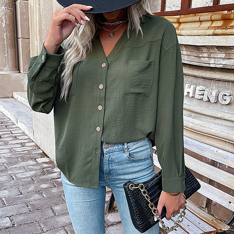 Vêtements d'automne pour femmes - Chemise polo unie à col rond pour femmes