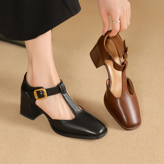 Women's Square Toe T-buckle Hollow Sandals