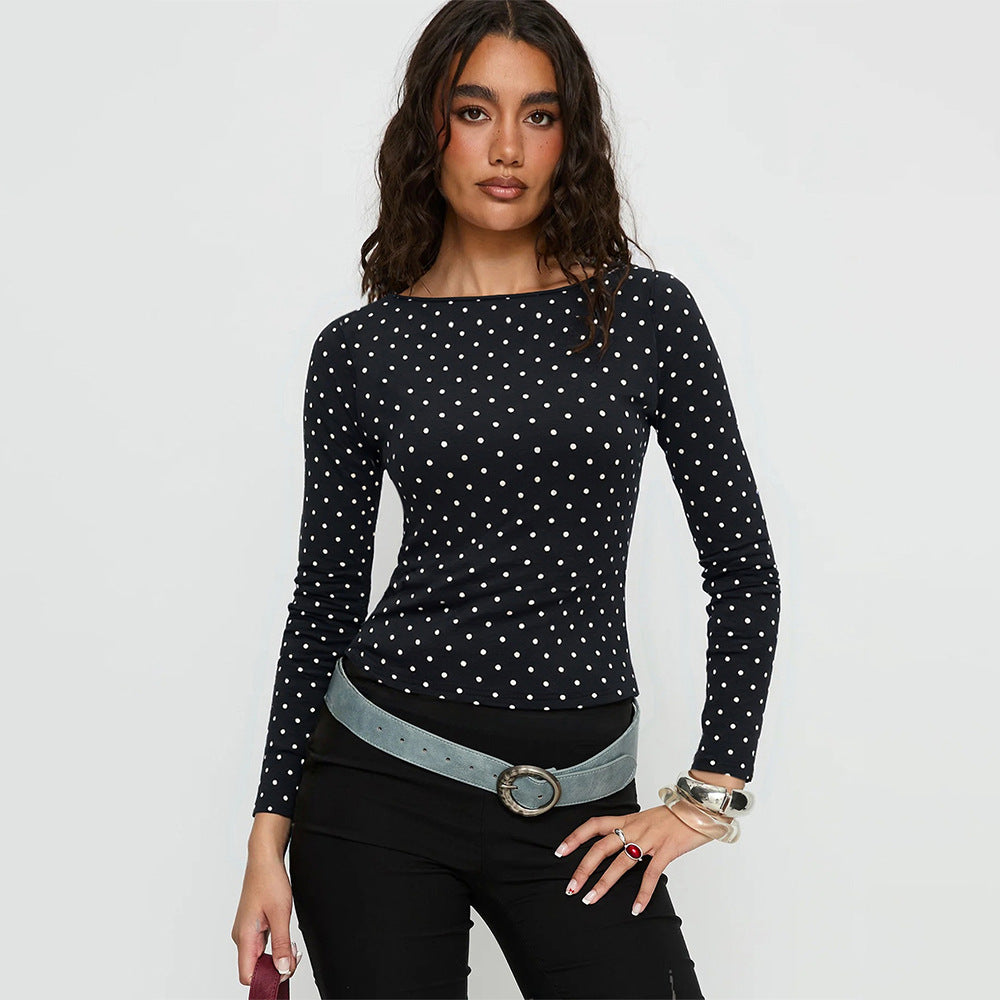 Autumn Winter Wild Inner Black White Polka Dot Top Women Bare Back Long Sleeved Fitted T shirt Retro Bandage Dress Base