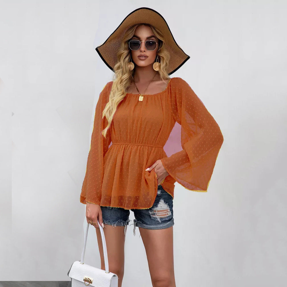 Mature Elegant Pullover Long Sleeve Square-Neck off-Neck Slim Shirt for Women