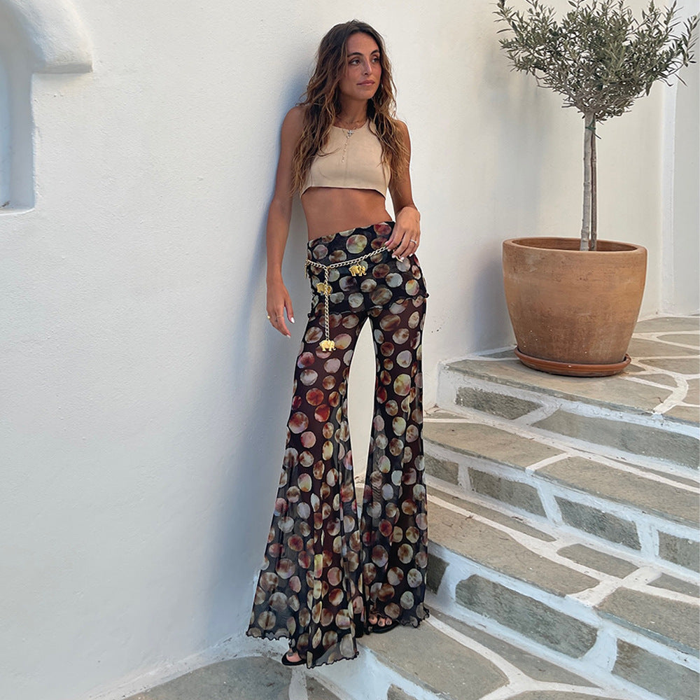 Summer Sexy Leopard Print Mesh Floral Print Trousers Women High Waisted Boot Cut Pants