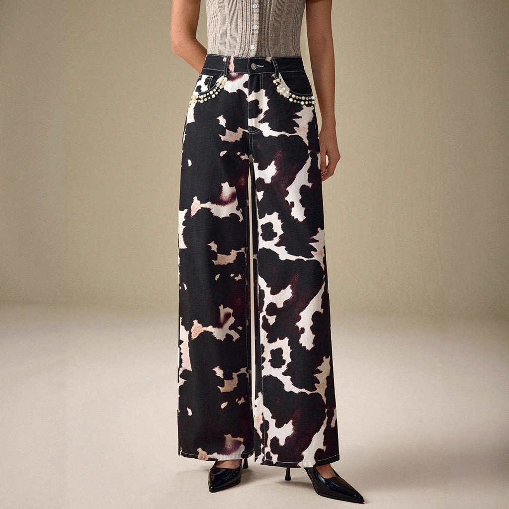 Women Clothing Pearl Lace Simple Fresh Loose All Matching Printed Denim Trousers