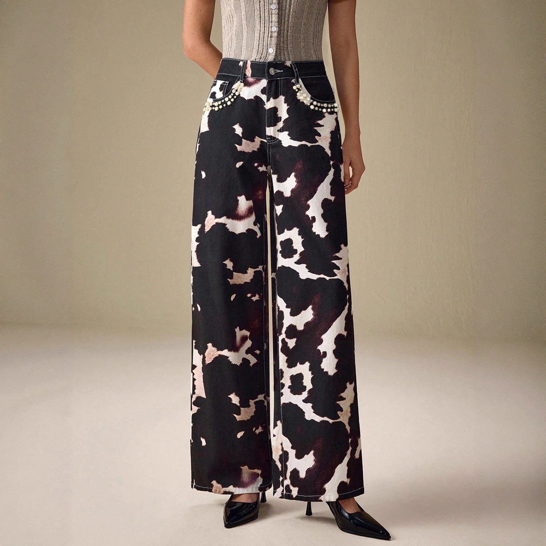 Women Clothing Pearl Lace Simple Fresh Loose All Matching Printed Denim Trousers