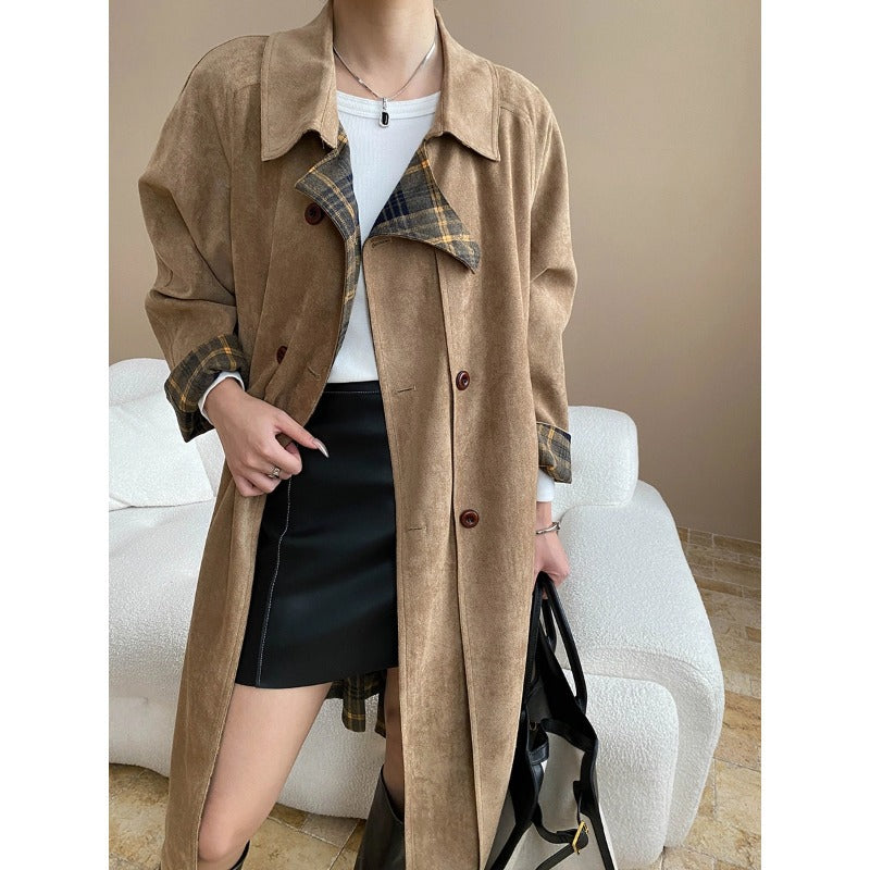 Early Autumn Faux Suede Double Sided Wear Retro Plaid Stitching British Trench Coat