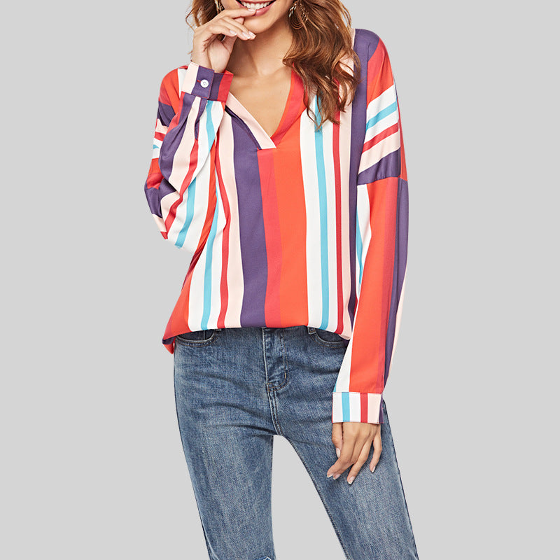 Women Clothing Color Stripes V Neck Long Sleeve Shirt All Matching Shirt
