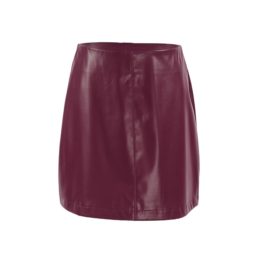 Retro Classic Wine Red Fleece lined Matte Leather Special High Waist Niche Skirt Fall Winter Skirt