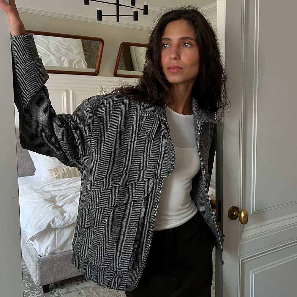 Herringbone Pattern Stand Collar Jacket Autumn Winter Zipper with Pocket Top Loose Woolen Coat