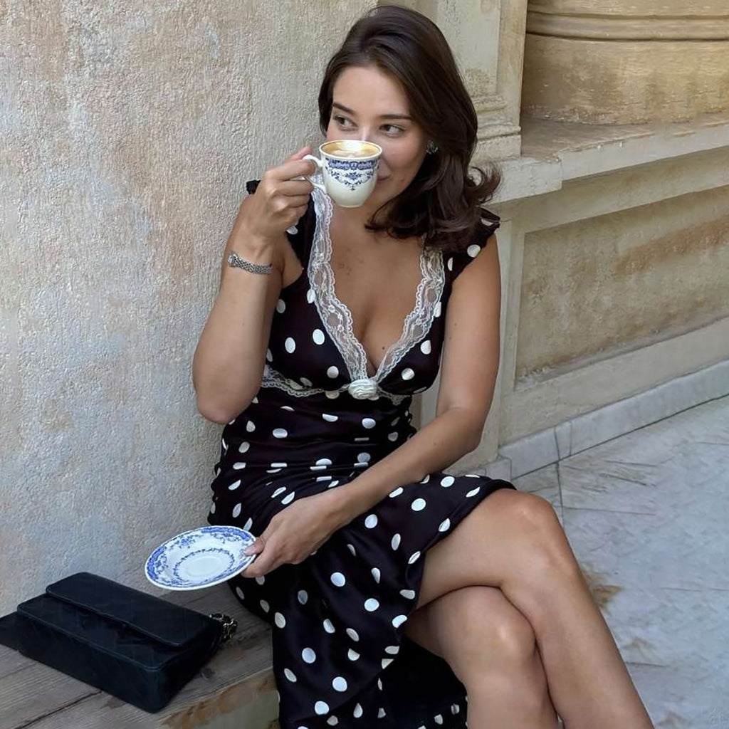 Women Clothing Autumn Elegance Retro V neck Slim Fit Sexy Backless Lace Polka Dot Dress Women