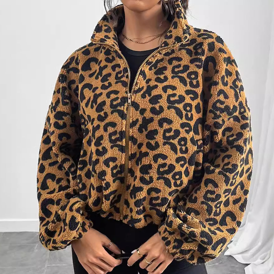 Autumn Winter Women Clothing Loose Cardigan Zipper Leopard Print Plush Coat