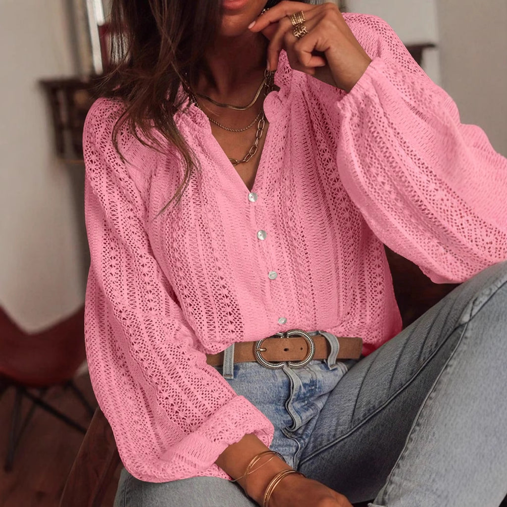 Spring Autumn Loose Hollow Out Cutout Lace V neck Single Breasted Long Sleeve Shirt