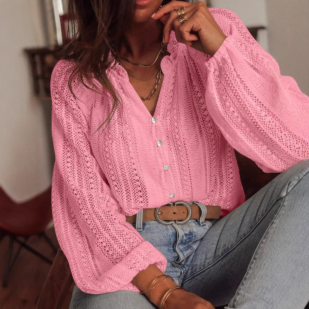 Spring Autumn Loose Hollow Out Cutout Lace V neck Single Breasted Long Sleeve Shirt