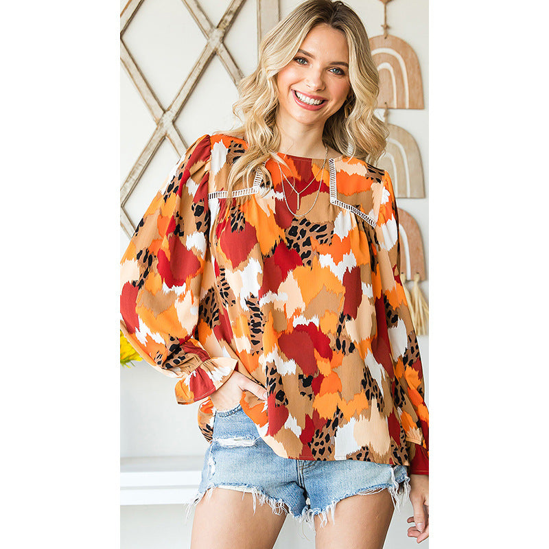 Abstract Printed Fluffy Sleeve Chiffon Shirt Women Round Neck Pullover Long Sleeve Top