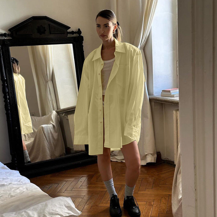 Simple Women Cotton Shirt Autumn Polo Collar Long Sleeve Cardigan Casual All Matching