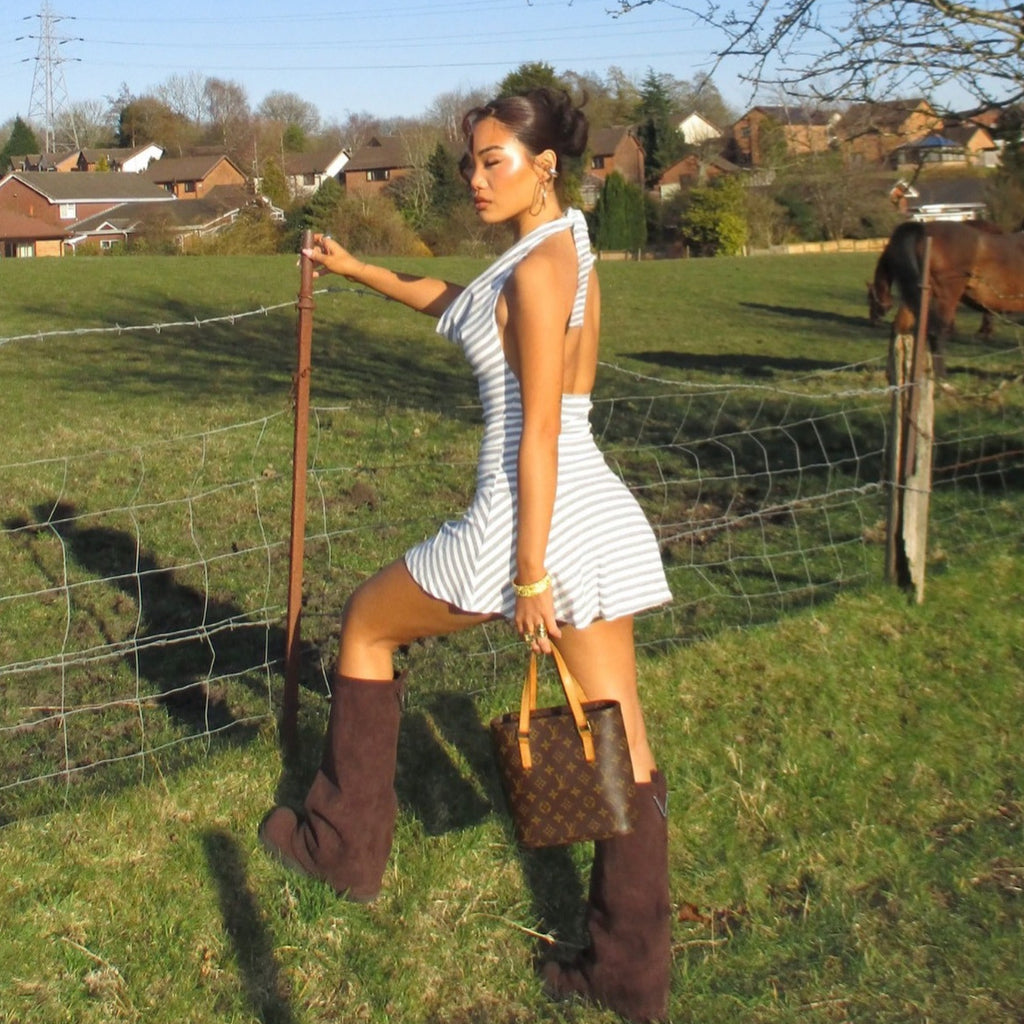 Women Clothing Striped Printed Halter Dress Swing Collar Sexy Backless Waist Trimming A line Dress