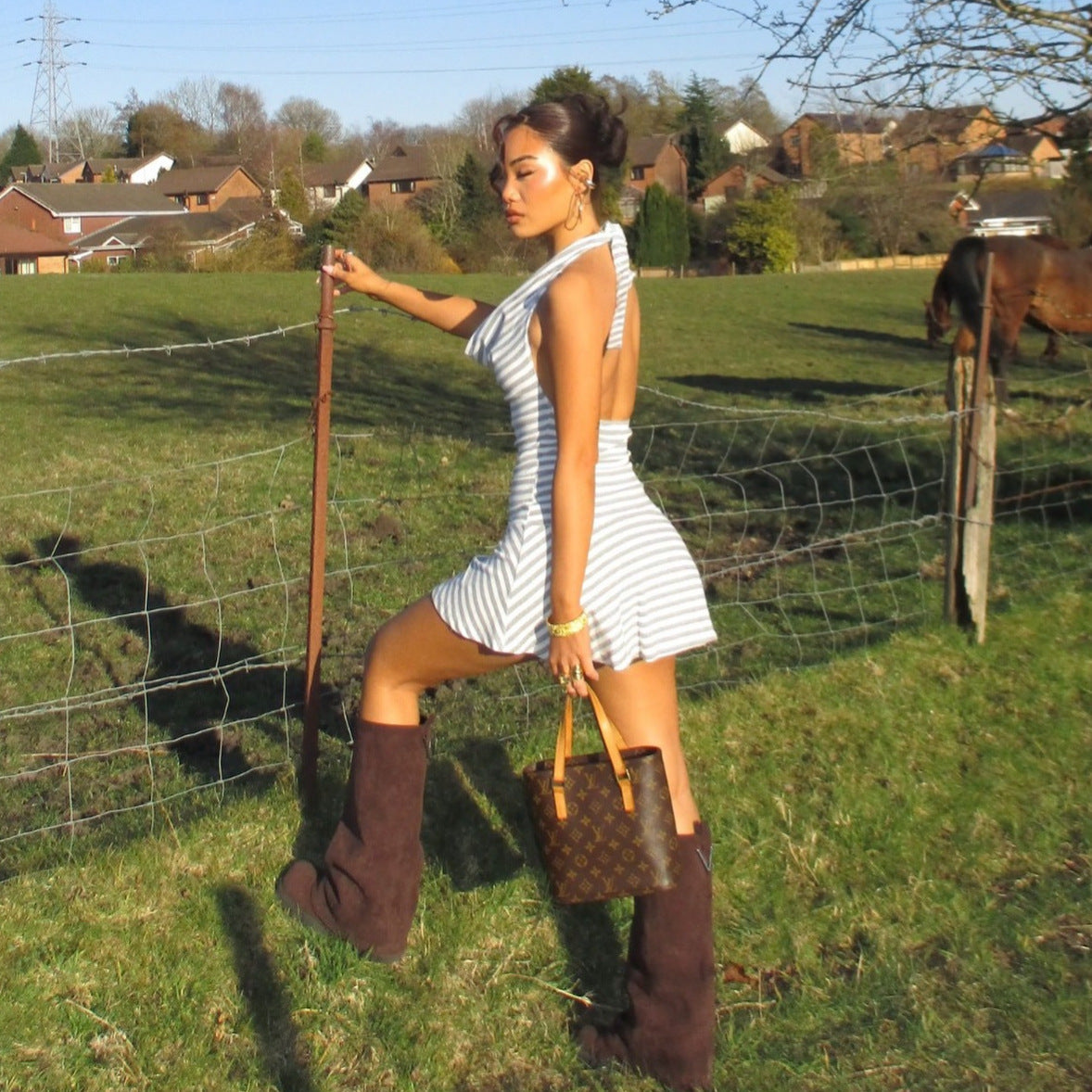 Women Clothing Striped Printed Halter Dress Swing Collar Sexy Backless Waist Trimming A line Dress