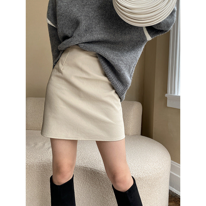 French Fashionable Simple High Waist Half Length A line Leather Skirt Short Skirt Hip Skirt Autumn Winter