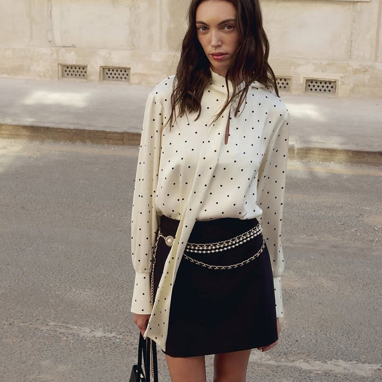 Digital Printing Satin Polka Dot Elegant Top High Grade Long Sleeve Lace up Women Shirt